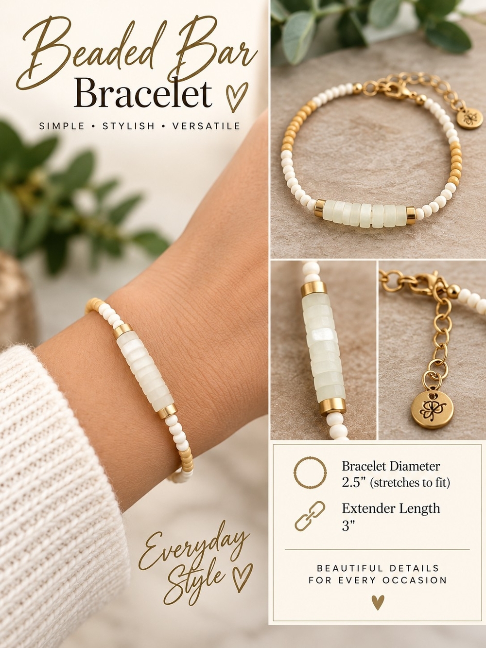 A132. Beaded Bracelet in White & Gold New